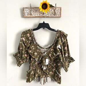 FREE PEOPLE Favorite Girl Top-Size M-Army Combo Smocked V Neck Crop Top-NWT